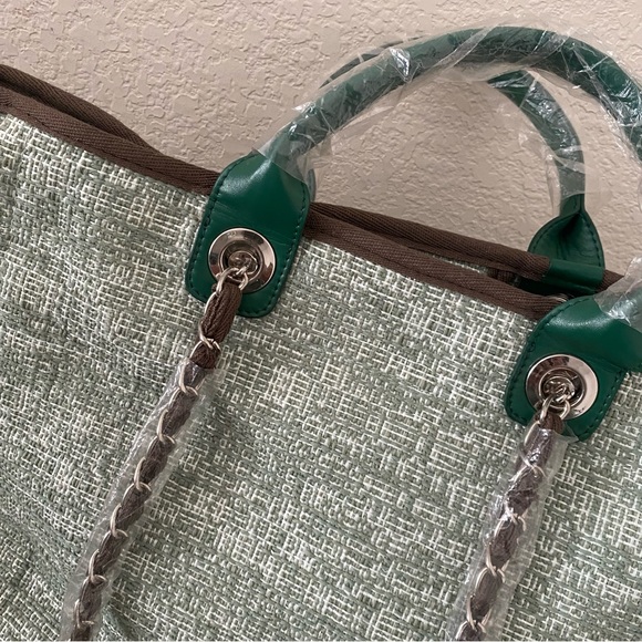 Green Brown Tweed Mixed Fiber Shopper Tote Bag w/ Chain Shoulder Strap C6 - Picture 3 of 16